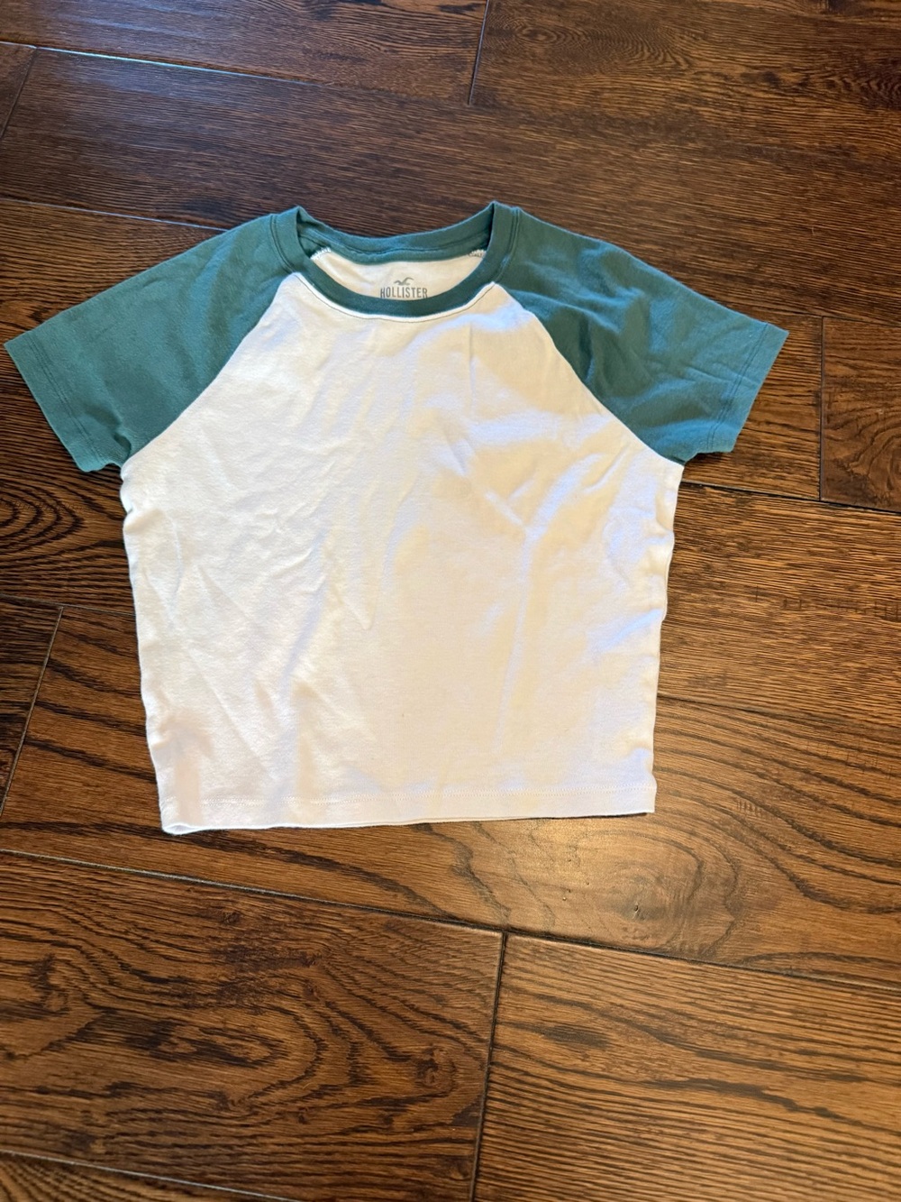 Hollister White Tee with Teal Raglan Sleeves
